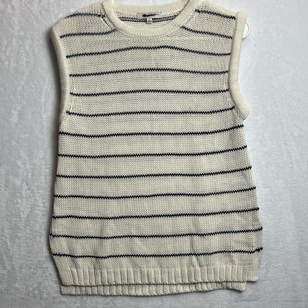 Madewell NWT Puff-Trim Sweater Vest Stripe Bright Ivory Navy Blue New Size Small